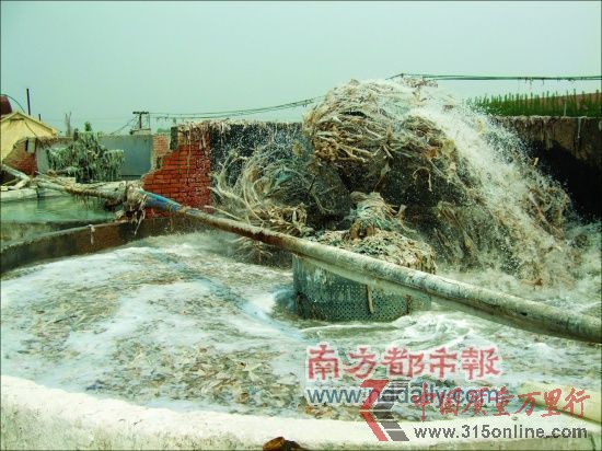 翻轉(zhuǎn)的洗皮機(jī)正在池中刷洗皮料。 翻轉(zhuǎn)的洗皮機(jī)正在池中刷洗皮料。